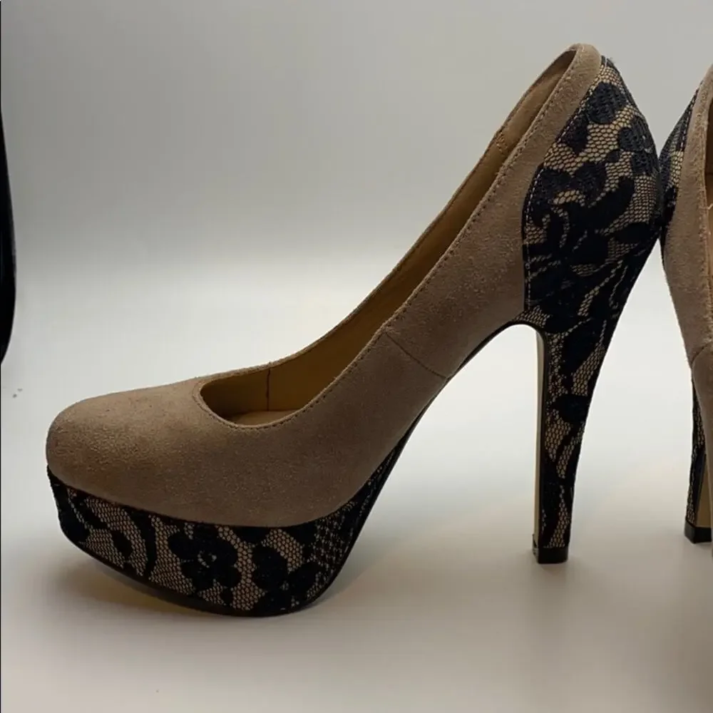 MyStock Faux Suede Platform Heels w Black Lace Detail Sz 7